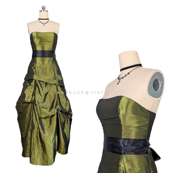 Vintage Prom Dress Maxi Gown M Green Corset 90s Y2K Strapless Fairy Princess - Picture 1 of 14